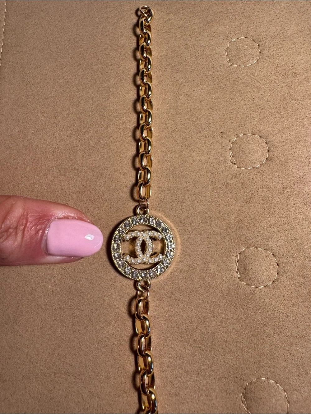 Chanel Pearl CC Gold Crystal Logo Chain Bracelet